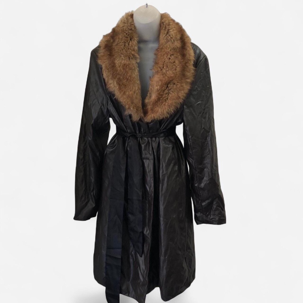 Brown wrinkled faux leather trench coat jacket faux fur collar whimsygoth grunge